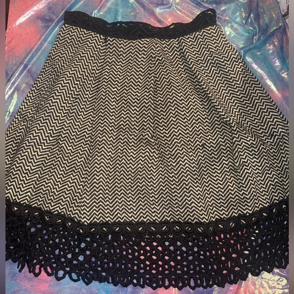 Anna Sui Wool Blend Chevron Swing Skirt with Birdcage Crochet Trim Size 10